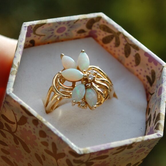 Opal and Diamond 14k Gold Ring Size 6 - Picture 1 of 14